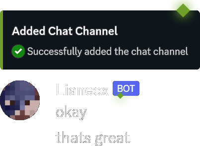 A Chat Channel setup success message followed by in-game Lianecx's message: 'okay, that's great'